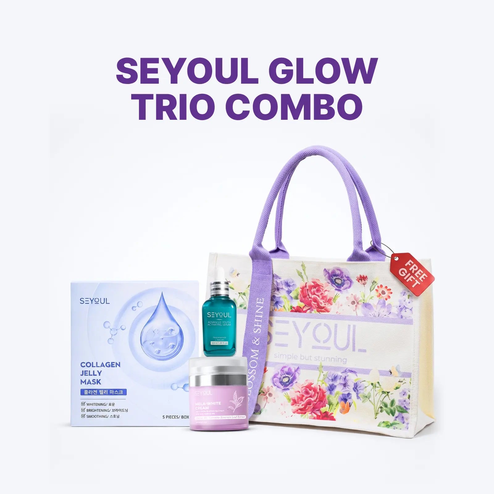 SEYOUL Glow Trio Combo — Advanced Youth Activating Serum + Mela White Cream + Collagen Jelly Mask