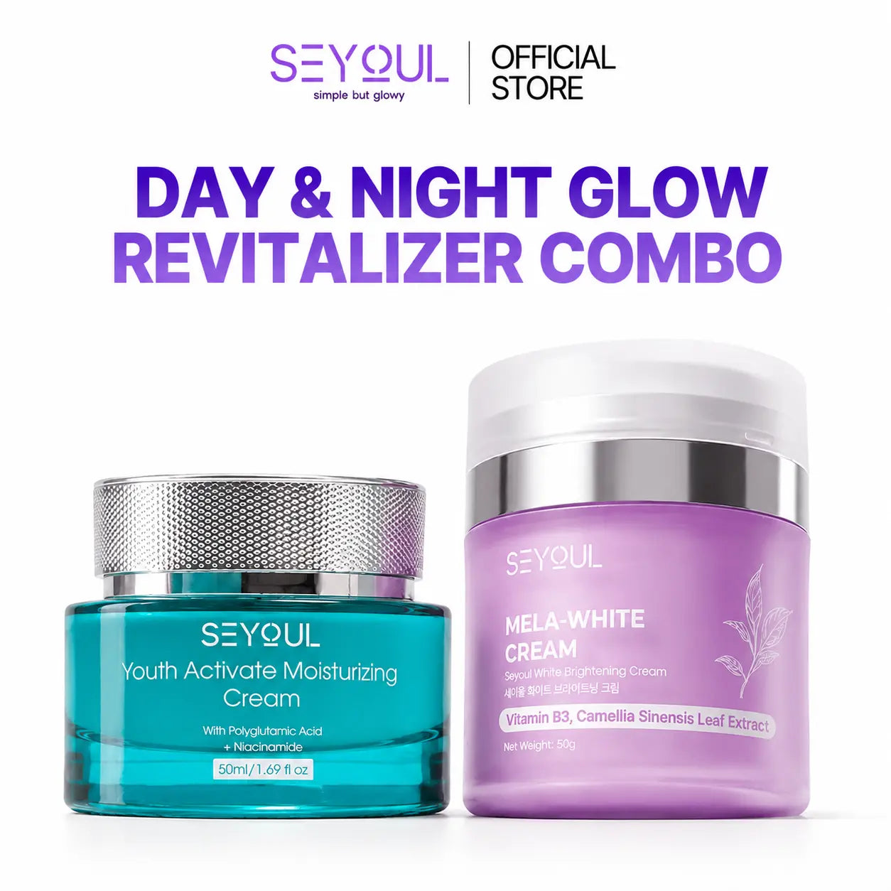 SEYOUL Combo Youth Activate Moisturizing Cream, White Brightening Cream, Day&Night Glow Revitalizer Combo