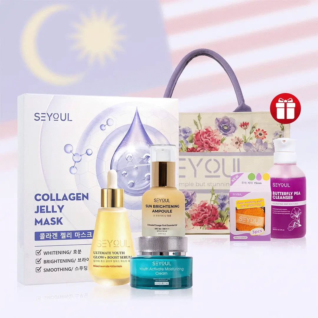 SEYOUL Ultimate Glow Combo - Ultimate Youth Glow+ Boost Serum + Sun Brightening Ampoule + Youth Activate Moisturizing Cream + Collagen Jelly Mask + Blossom Bag + Face Washing Puff + Butterfly Pea Cleanser